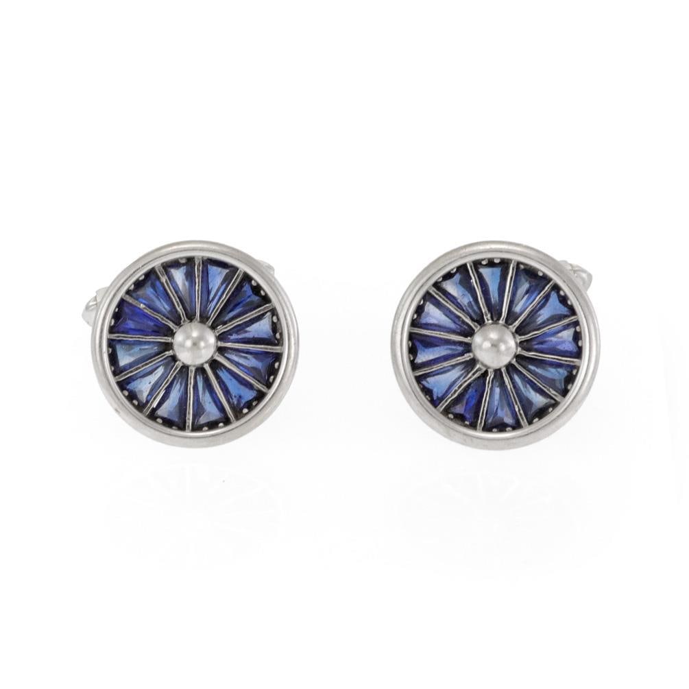 Vintage 14k White Gold Wheel Design Cufflinks with Sapphire: Vintage 14k White Gold Wheel Design Cufflinks with Sapphire Elevate your accessory collection with this exquisite pair of vintage cufflinks, expertly crafted from 14k white gold. These cufflinks featu