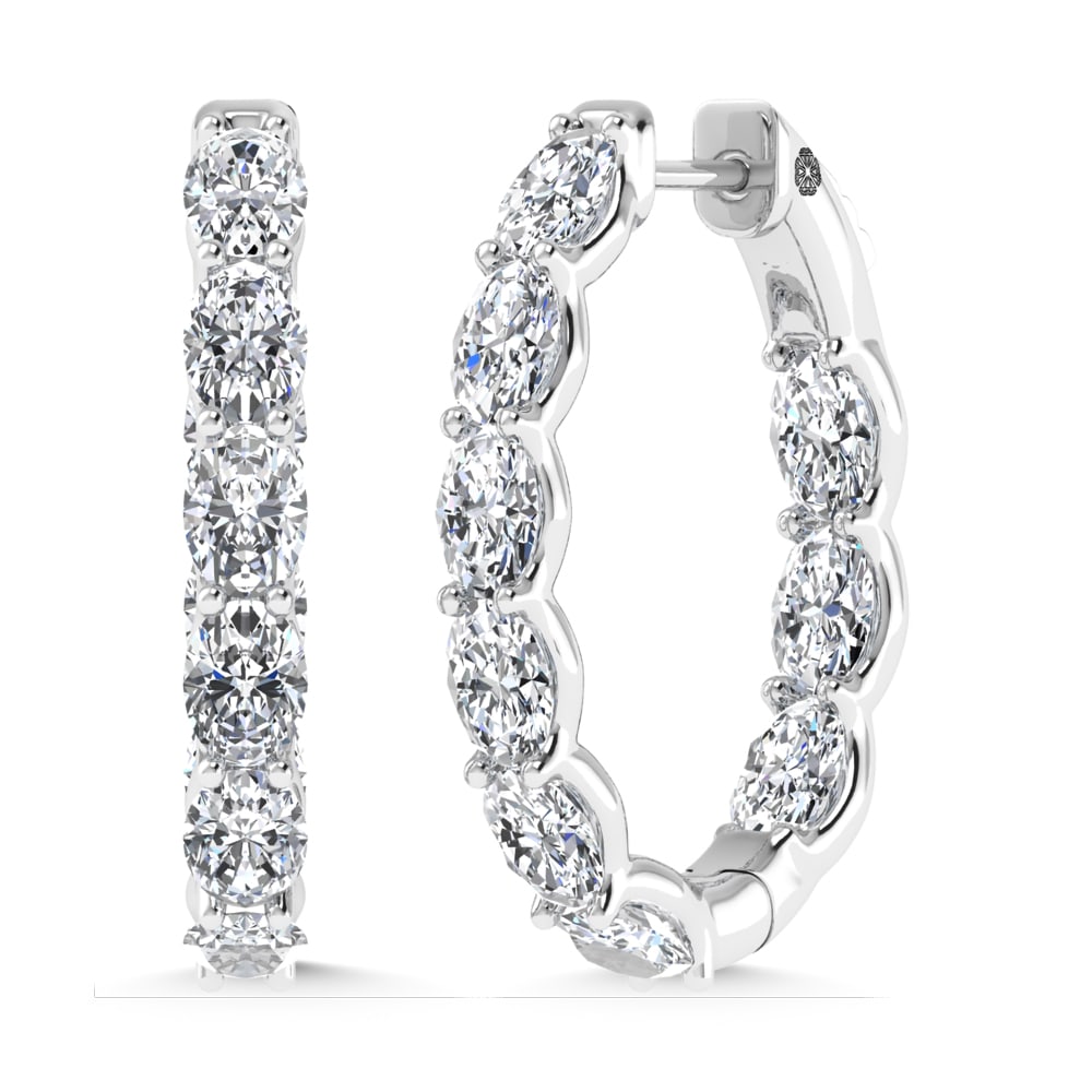 14K White Gold 5 Ct.Tw. Lab Grown Diamond Vertical Oval Shape In and Our Hoop Earrings: 14K White Gold 5 Ct.Tw. Lab Grown Diamond Vertical Oval Shape In and Our Hoop Earrings Glamorous 14K white gold hoops featuring 5 Ct.Tw. lab-grown diamonds in vertical oval shape. 14k White Gold Stone