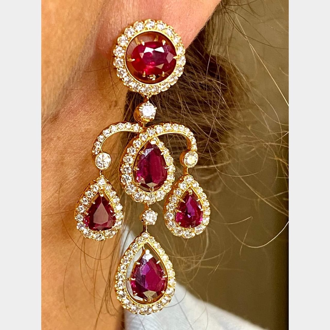 Reza French 18K Yellow Gold Ruby Diamond Earrings AGL Certified 13.44 Ct: Reza French 18K Yellow Gold Ruby Diamond Earrings AGL Certified 13.44 Ct These stunning Reza French earrings are crafted in luxurious 18K yellow gold and showcase a remarkable combination of AGL certi