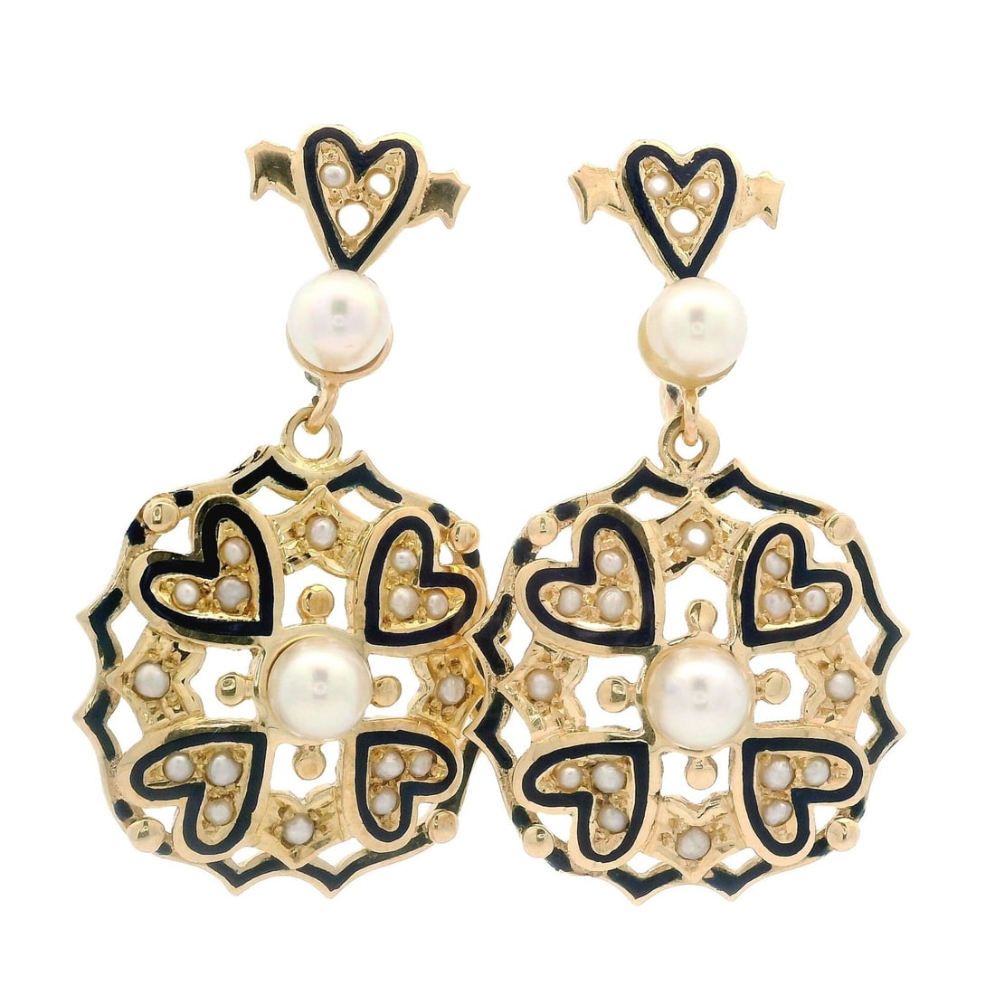 Vintage Victorian Revival 14k Gold Pearl Blue Enamel Dangle Earrings (1 of 7)