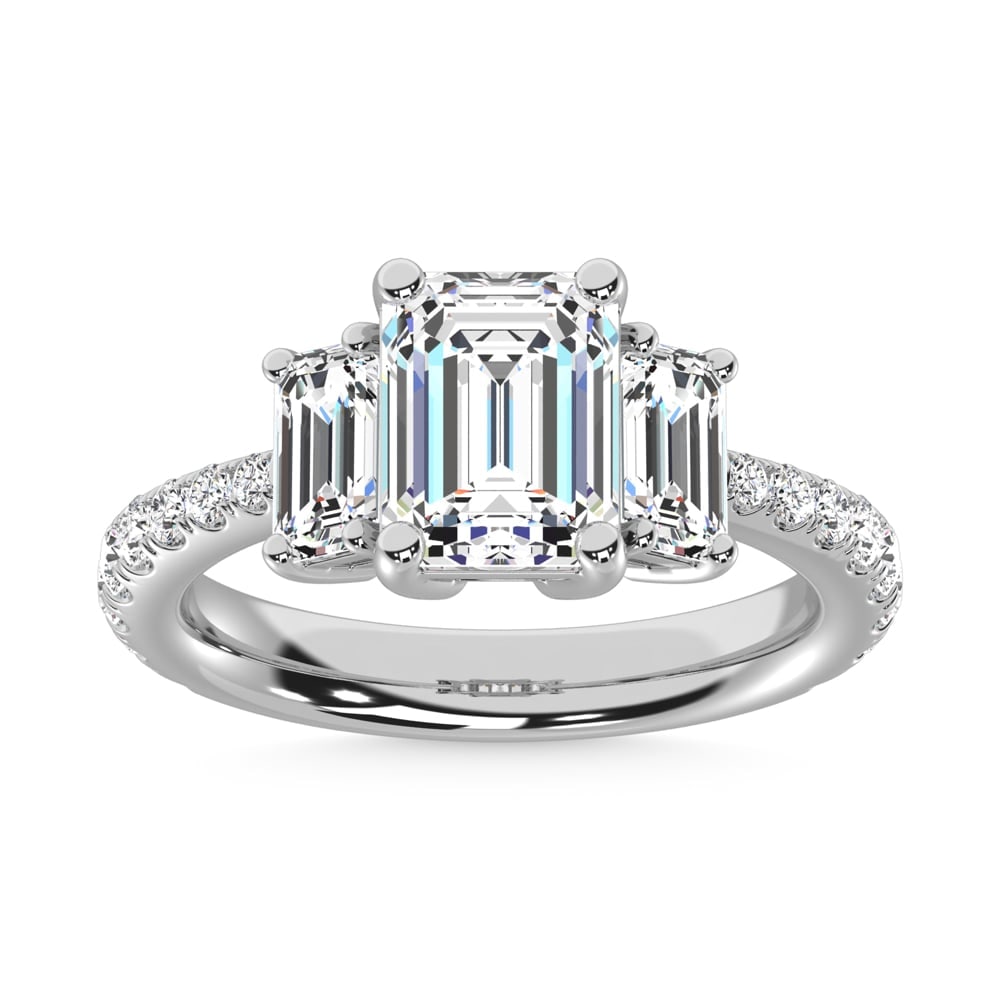 14K White Gold Lab Grown Diamond 6 5/8 Ct.Tw. Emerald Shape Three Stone Ring: 14K White Gold Lab Grown Diamond 6 5/8 Ct.Tw. Emerald Shape Three Stone Ring This stunning three-stone ring features a sparkling 4 CT Emerald Center diamond with two shimmering side diamonds, symboliz