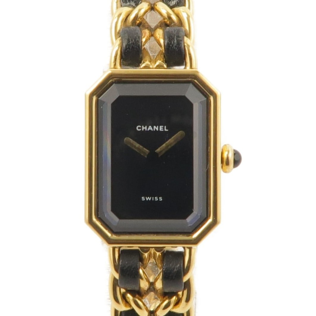 CHANEL Premiere H0001 Quartz Gold Plated Black Wristwatch: CHANEL Premiere H0001 Quartz Gold Plated Black Wristwatch This CHANEL Premiere L wristwatch features a sophisticated gold-plated case and band, complemented by a striking black dial and frame. Designe