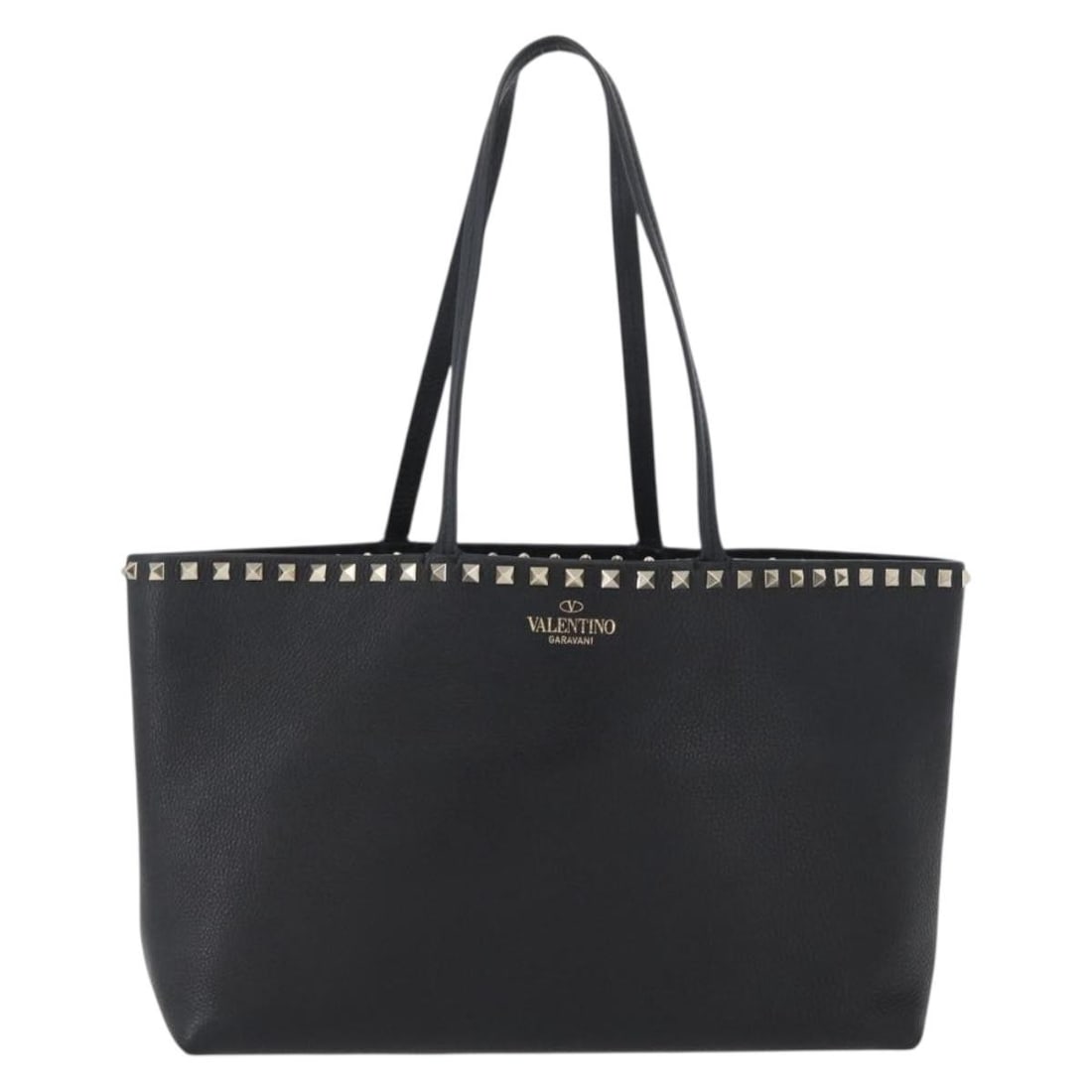Black Leather Rockstud Shopper Tote Bag by Valentino Garavani: Black Leather Rockstud Shopper Tote Bag by Valentino Garavani This Valentino Garavani Rockstud Shopper Tote is crafted from black leather and designed for women. The bag features signature Rockstud ac