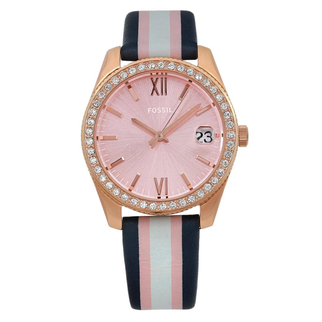 Fossil Scarlette Mini 32mm Quartz Watch Pink Dial Rose Gold Bezel: Fossil Scarlette Mini 32mm Quartz Watch Pink Dial Rose Gold Bezel This Fossil Scarlette Mini wristwatch combines style and functionality for the modern woman. Featuring a charming pink sunburst dial, 