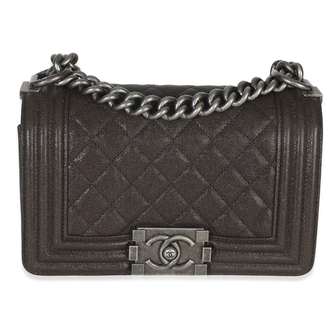 Small Boy Brown Quilted Caviar Leather Crossbody by Chanel: Small Boy Brown Quilted Caviar Leather Crossbody by Chanel This Chanel Small Boy handbag features a brown quilted caviar leather exterior with gunmetal hardware. The bag is designed for versatile wear