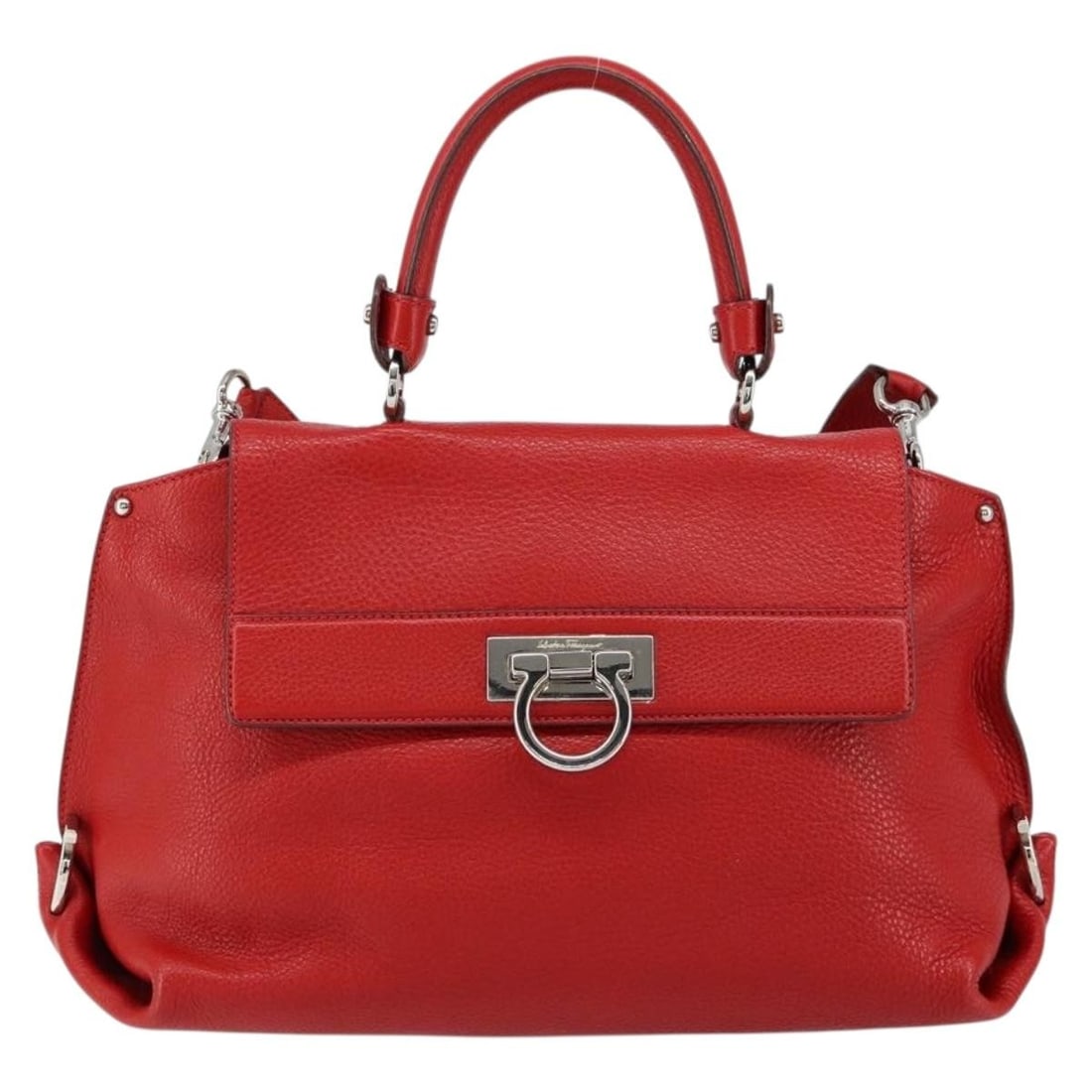 Red Grainy Leather Sofia Satchel by Salvatore Ferragamo 33x19x14cm: Red Grainy Leather Sofia Satchel by Salvatore Ferragamo 33x19x14cm This pre-owned Salvatore Ferragamo Sofia Satchel is crafted from red grainy leather. Designed for women, it features a spacious inter
