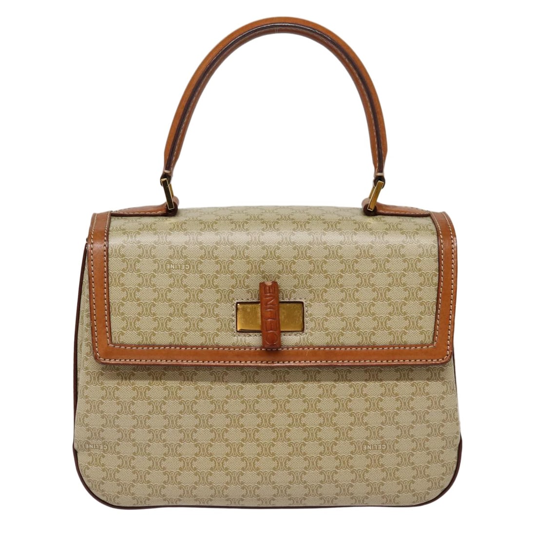 Macadam Coated Canvas Convertible Vintage Top Handle Bag by Celine: Macadam Coated Canvas Convertible Vintage Top Handle Bag by Celine This Celine vintage convertible top handle bag features the iconic Macadam coated canvas in beige, designed for women. The bag offers