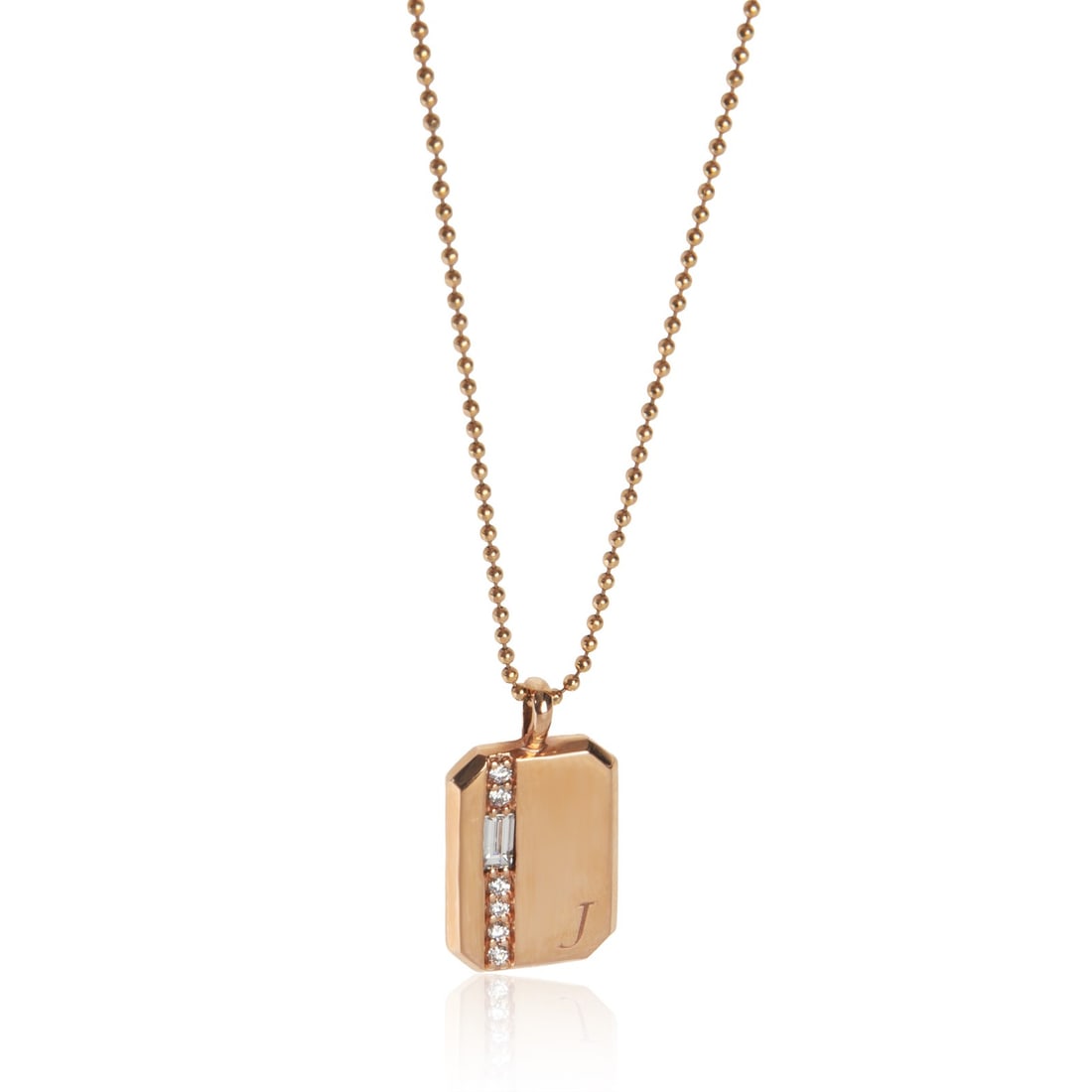 14K Rose Gold Diamond Pendant Mini Tag Jewelry With Initial J: 14K Rose Gold Diamond Pendant Mini Tag Jewelry With Initial J This pre-owned women's pendant features a rose gold mini tag design with an initial J and is adorned with white diamonds. Crafted from 14K