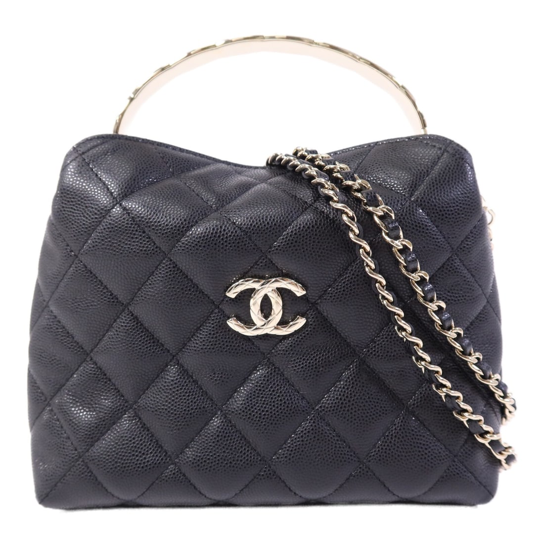 Black Calfskin 2way Shoulder Bag with Gold Hardware by CHANEL: Black Calfskin 2way Shoulder Bag with Gold Hardware by CHANEL This CHANEL 2-way shoulder bag is crafted from calfskin leather in black, featuring gold-tone hardware and the iconic CC logo. Designed fo