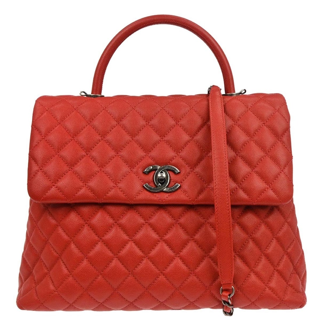 Chanel Coco Handle Red Leather Top Handle Bag with Turn Lock: Chanel Coco Handle Red Leather Top Handle Bag with Turn Lock This Chanel Coco Handle 2way handbag features red caviar calfskin leather with the signature logo accent. The medium-sized bag offers versa