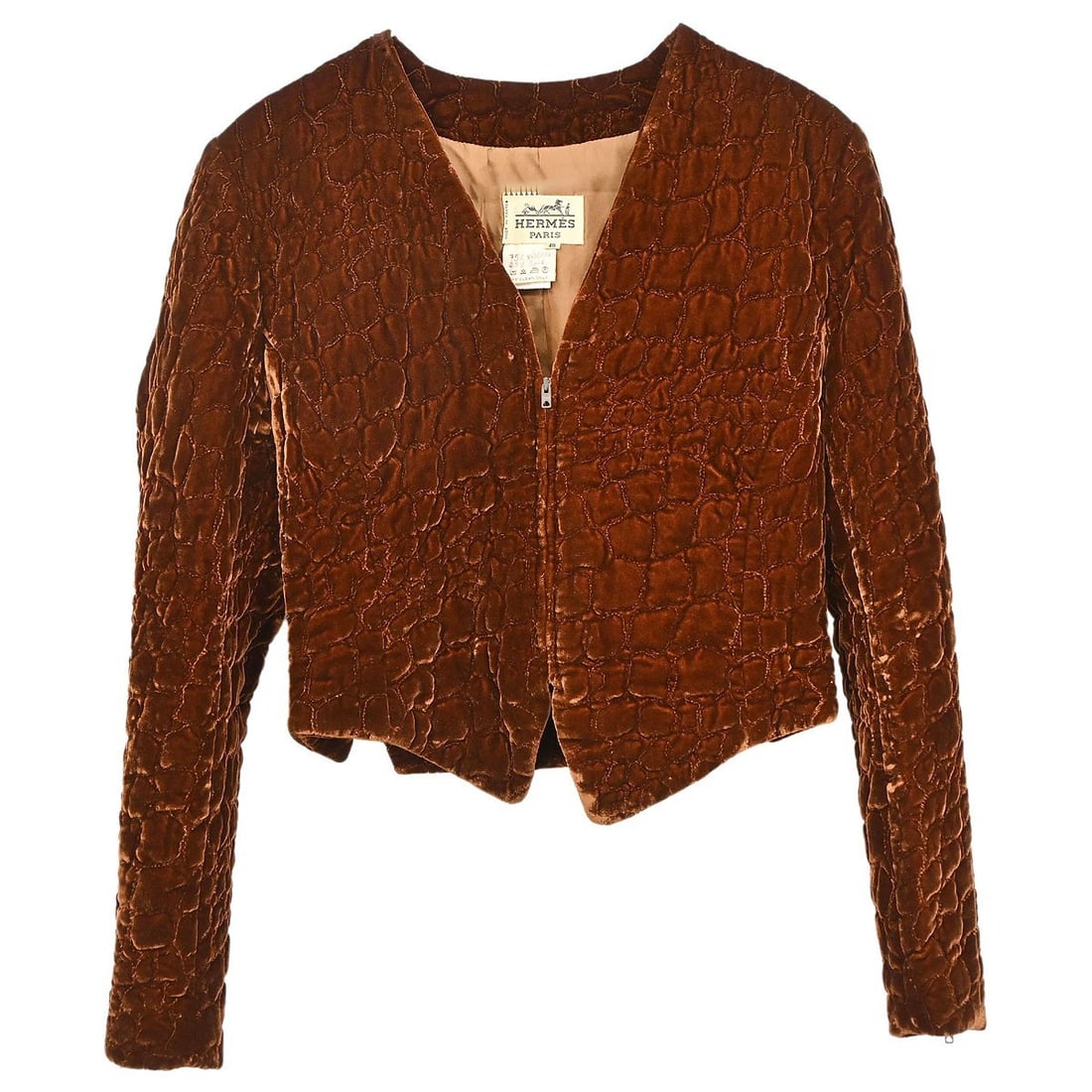 Hermes Brown Women s Zip Front Mid Length Jacket FR 40: Hermes Brown Women s Zip Front Mid Length Jacket FR 40 This Hermes jacket features a mid-length design crafted from a luxurious blend of 75% rayon and 25% silk. It has long sleeves and a zip-up closur