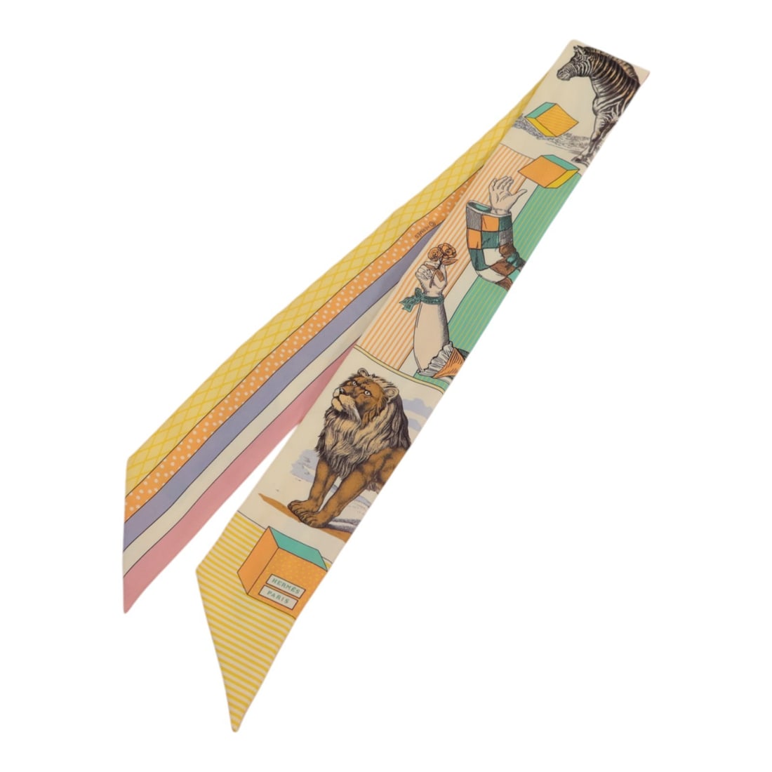 Hermes Silk Twilly Women's Scarf in Multicolor Yellow Green Brown: Hermes Silk Twilly Women's Scarf in Multicolor Yellow Green Brown This Hermes Twilly scarf is crafted from luxurious silk and features a vibrant mix of yellow, green, brown, and multicolor tones. Desi