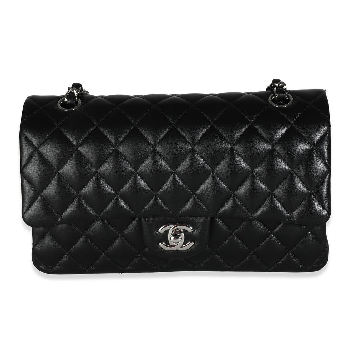 Medium Classic Double Flap Shoulder Bag by Chanel Black Quilted Lambskin Leather: Medium Classic Double Flap Shoulder Bag by Chanel Black Quilted Lambskin Leather This Chanel Medium Classic Double Flap Bag features black quilted lambskin leather with a silver-tone turnlock closure.