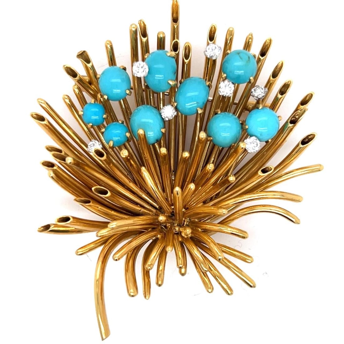 1960's 18K Yellow Gold Turquoise Diamond Brooch Hallmarked: 1960's 18K Yellow Gold Turquoise Diamond Brooch Hallmarked This exquisite 1960's brooch is crafted from 18K yellow gold and features a stunning Persian turquoise centerpiece, elegantly complemented by