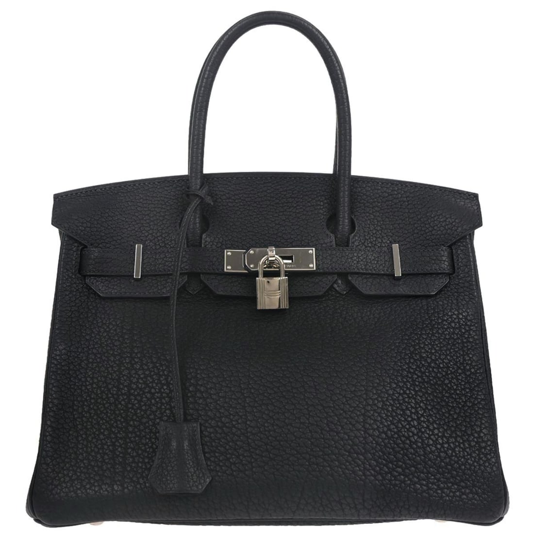 Hermes Birkin 30 navy leather top handle bag: Hermes Birkin 30 navy leather top handle bag This Hermes Birkin 30 handbag features a sophisticated blue indigo Fjord leather exterior complemented by double handles and a secure lock accent. Designed