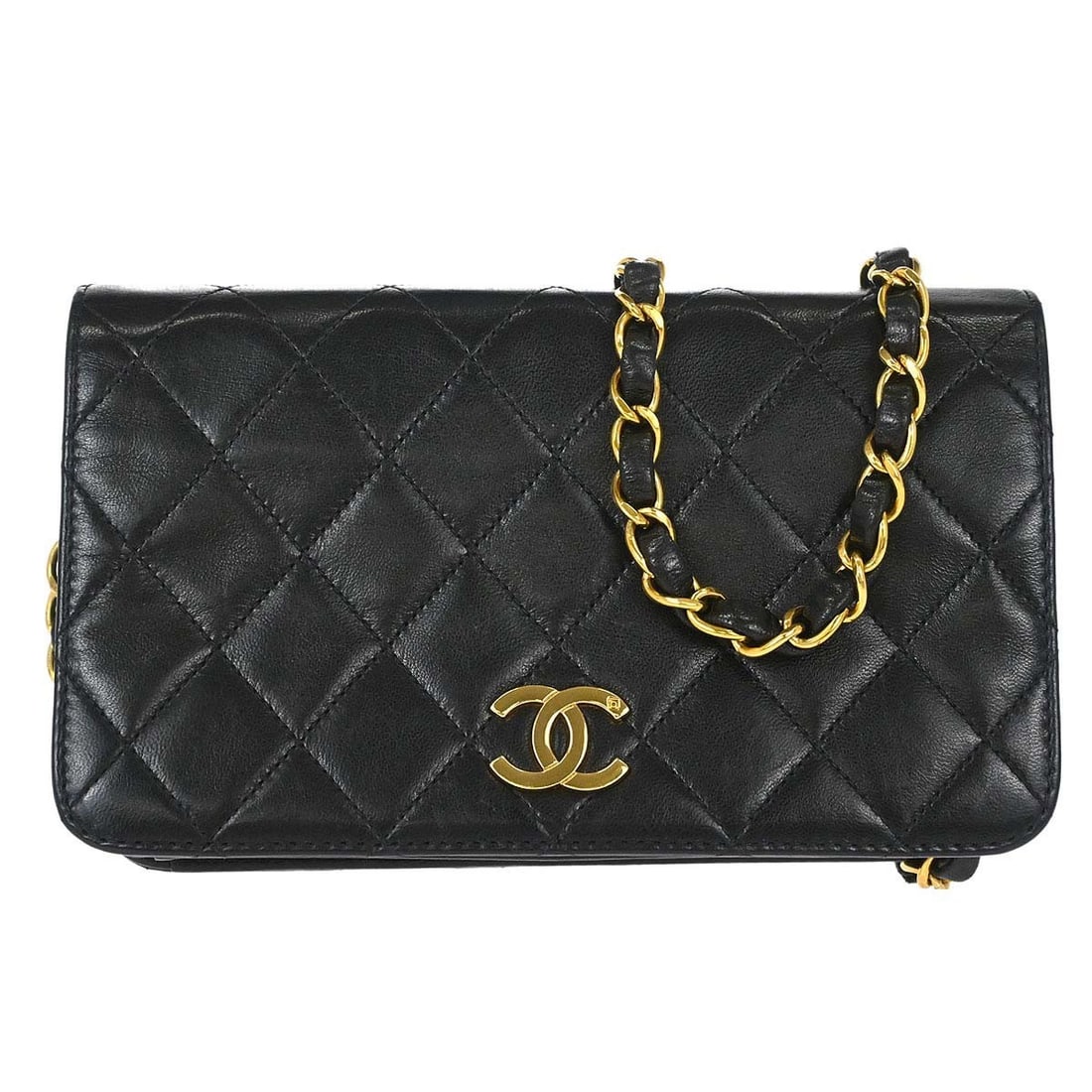 Chanel Matelasse Black Lambskin Single Chain Shoulder Bag: Chanel Matelasse Black Lambskin Single Chain Shoulder Bag This Chanel Mini Full Flap Shoulder Bag is crafted from black lambskin leather with a quilted matelasse pattern. It features a push lock flap 