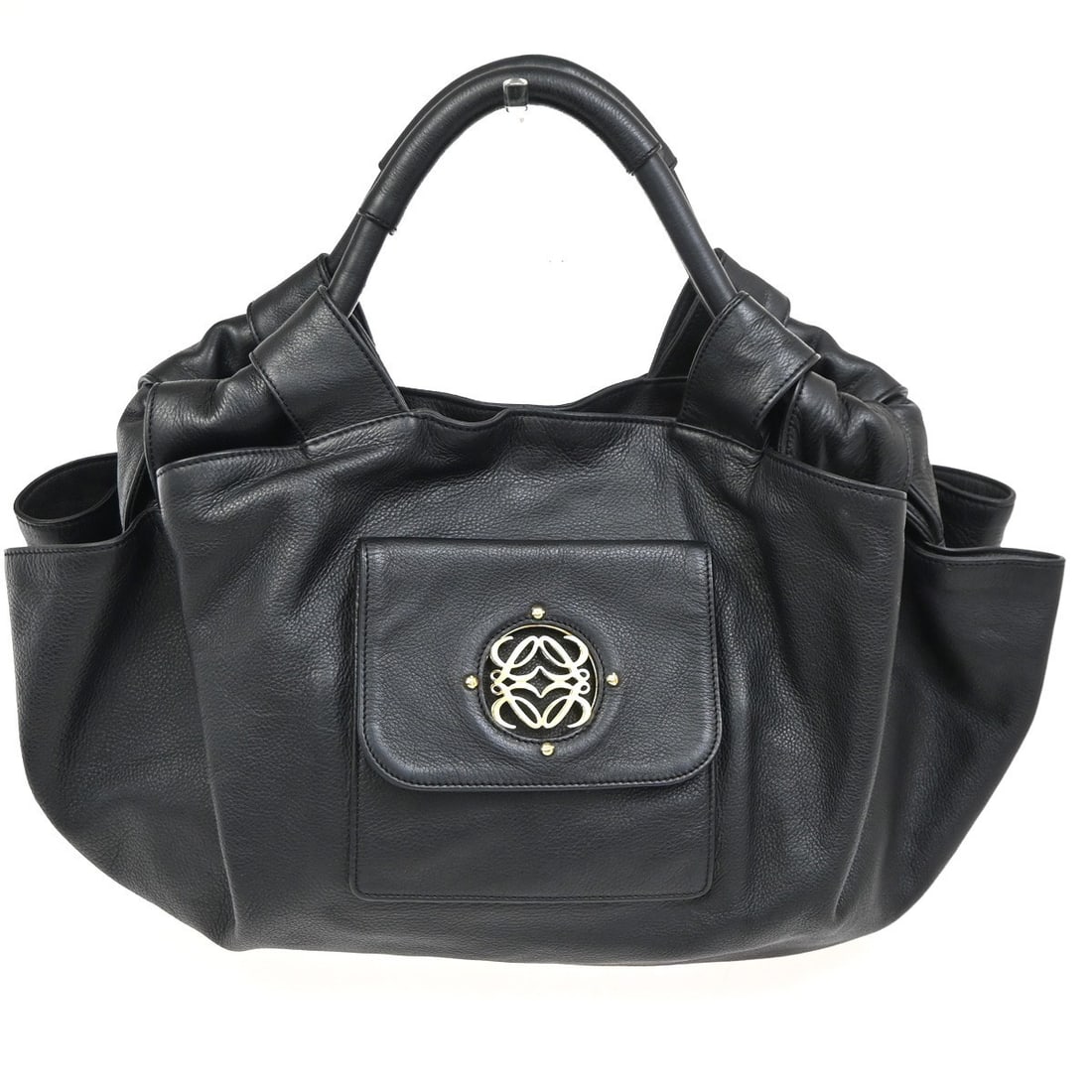 Black Loewe Aire Nappa Leather Tote with Anagram Logo: Black Loewe Aire Nappa Leather Tote with Anagram Logo This Loewe Anagram Logo Nappa Aire handbag is crafted from black leather and designed for women. Made in Spain, it features both leather and suede