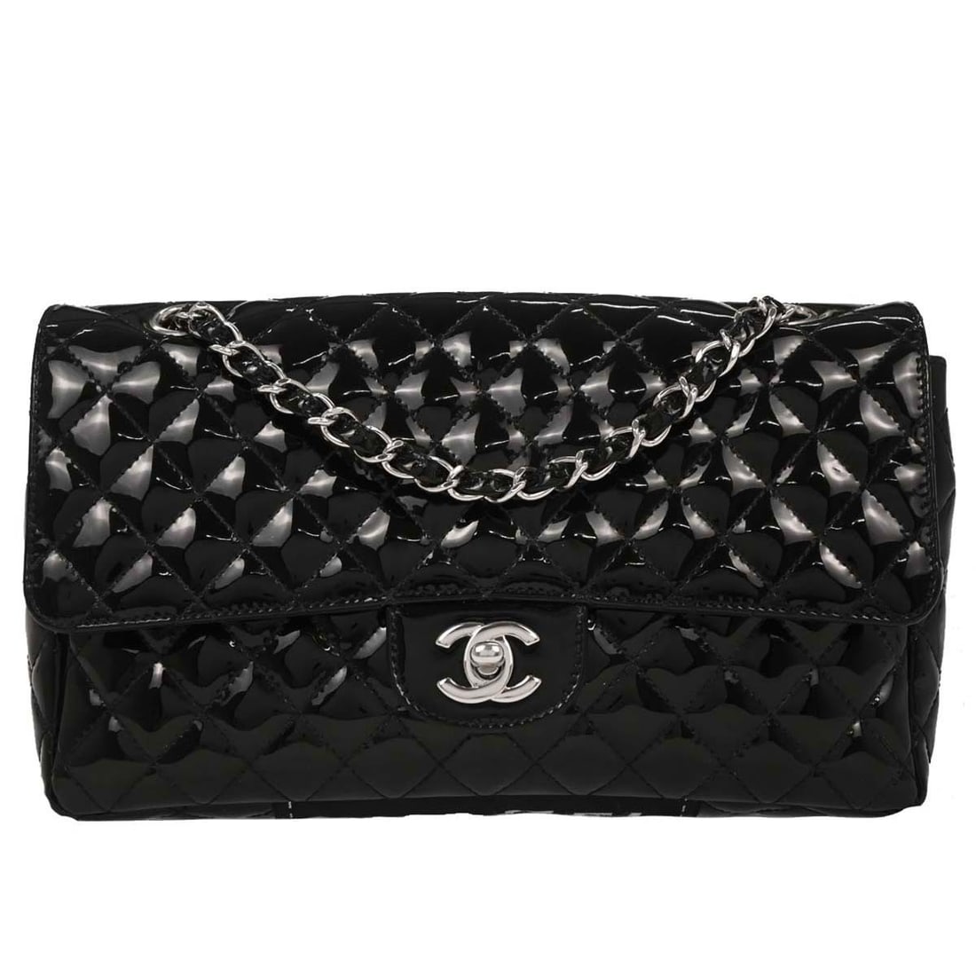 CHANEL Classic Flap black patent leather crossbody bag: CHANEL Classic Flap black patent leather crossbody bag This Chanel Black Patent Leather Secret Label Single Flap Shoulder Bag features a sleek patent leather exterior in classic black, complemented by