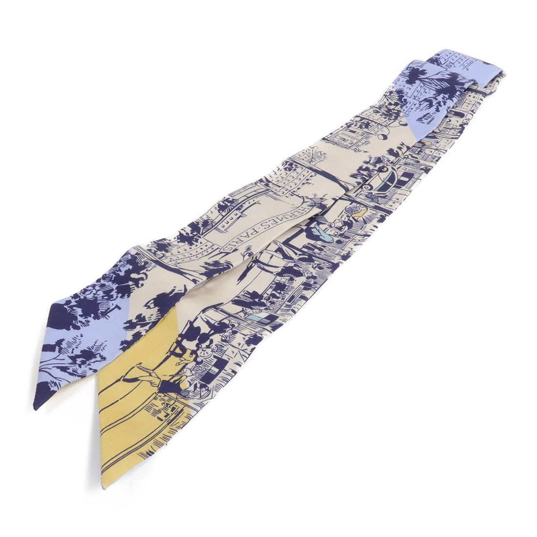 Hermes Twilly Silk Scarf White Blue A l'Ombre des Boulevards: Hermes Twilly Silk Scarf White Blue A l'Ombre des Boulevards This Hermes A l'Ombre des Boulevards Twilly scarf is crafted from fine silk and features a sophisticated white and blue color palette. Desi