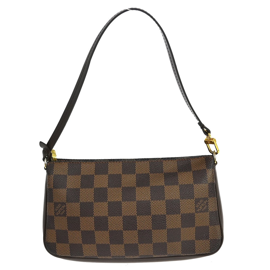 Louis Vuitton Navona Damier Ebene mini top handle pouch: Louis Vuitton Navona Damier Ebene mini top handle pouch This Louis Vuitton Navona handbag features the signature Damier Ebene canvas in a classic brown color. Designed in a mini pouch style, it includ