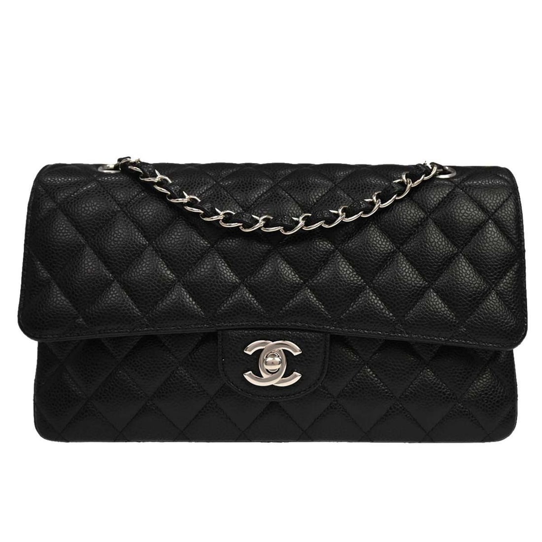 Chanel Black Calfskin Medium Shoulder Bag Classic Double Flap: Chanel Black Calfskin Medium Shoulder Bag Classic Double Flap This Chanel Classic Double Flap Shoulder Bag features black calfskin leather with a medium-sized silhouette. It is designed with a turn lo