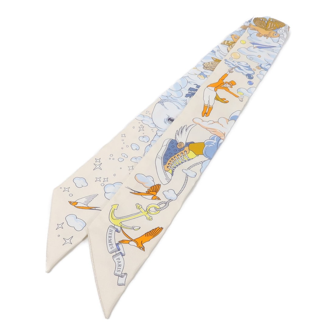 Hermes silk Twilly blue beige gold scarf: Hermes silk Twilly blue beige gold scarf This Hermes Twilly scarf is crafted from luxurious silk and features a blue, gold, and beige color palette. Designed for women, it offers a sophisticated acces
