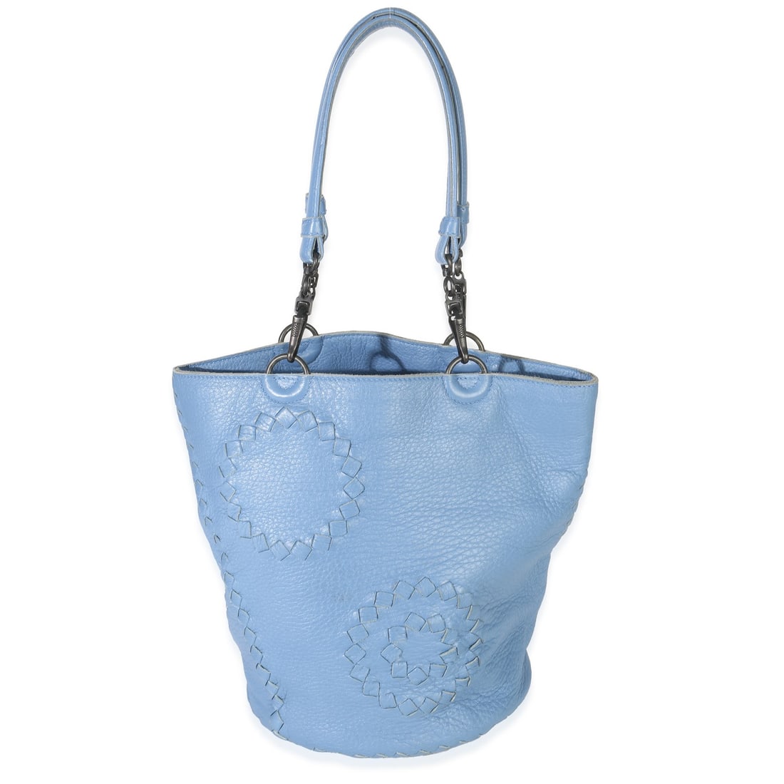 Bottega Veneta Cervo Blue Leather Bucket Bag: Bottega Veneta Cervo Blue Leather Bucket Bag This Bottega Veneta small bucket bag features a blue leather exterior with signature intrecciato trim and gunmetal hardware. The open top design provides e