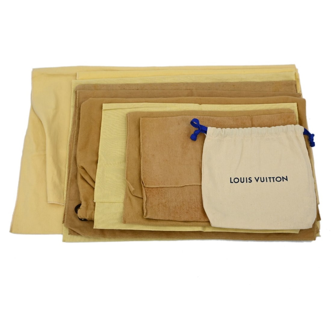 Authentic Louis Vuitton 10 Piece Dust Bag Set 100 Cotton Brown: Authentic Louis Vuitton 10 Piece Dust Bag Set 100 Cotton Brown This set of 10 authentic Louis Vuitton dust bags is crafted from 100% cotton, featuring a classic brown color that complements your luxur