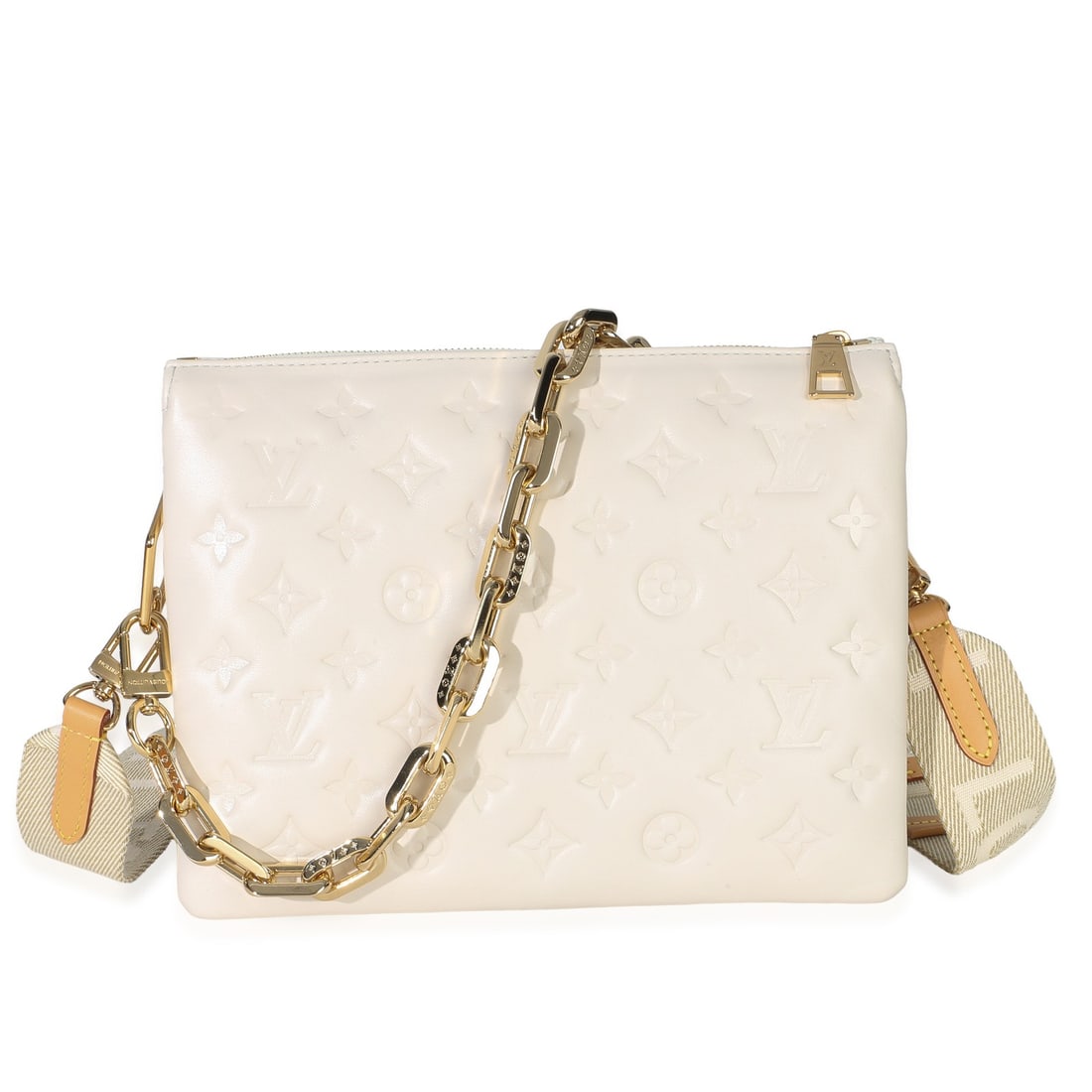 Louis Vuitton Coussin PM White Embossed Lambskin Shoulder Bag: Louis Vuitton Coussin PM White Embossed Lambskin Shoulder Bag This Louis Vuitton Coussin PM shoulder bag is crafted from white monogram-embossed lambskin leather with a green leather lining. The bag f