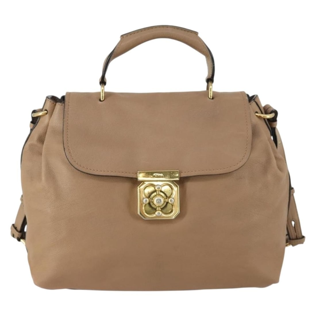 Chloe Elsie Beige Gold Leather Shoulder Bag with Strap: Chloe Elsie Beige Gold Leather Shoulder Bag with Strap This Chloe Elsie handbag features a versatile 2-way design crafted from beige and gold leather. The bag includes both a handle and a detachable s