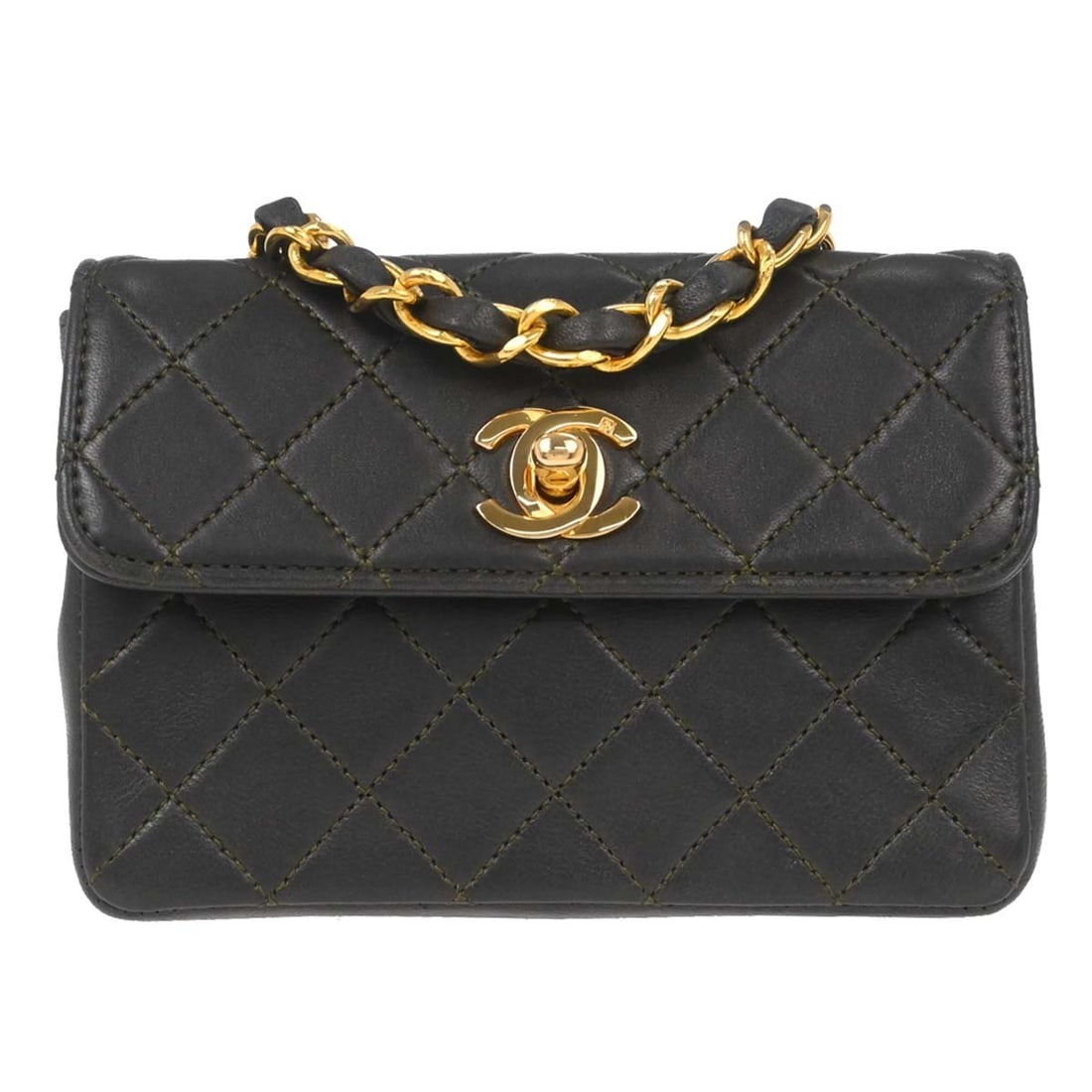 Chanel Micro Shoulder Bag in Gray Lambskin Leather: Chanel Micro Shoulder Bag in Gray Lambskin Leather This Chanel straight flap shoulder bag is crafted from luxurious khaki lambskin leather and features a compact micro size. Designed for casual occasi