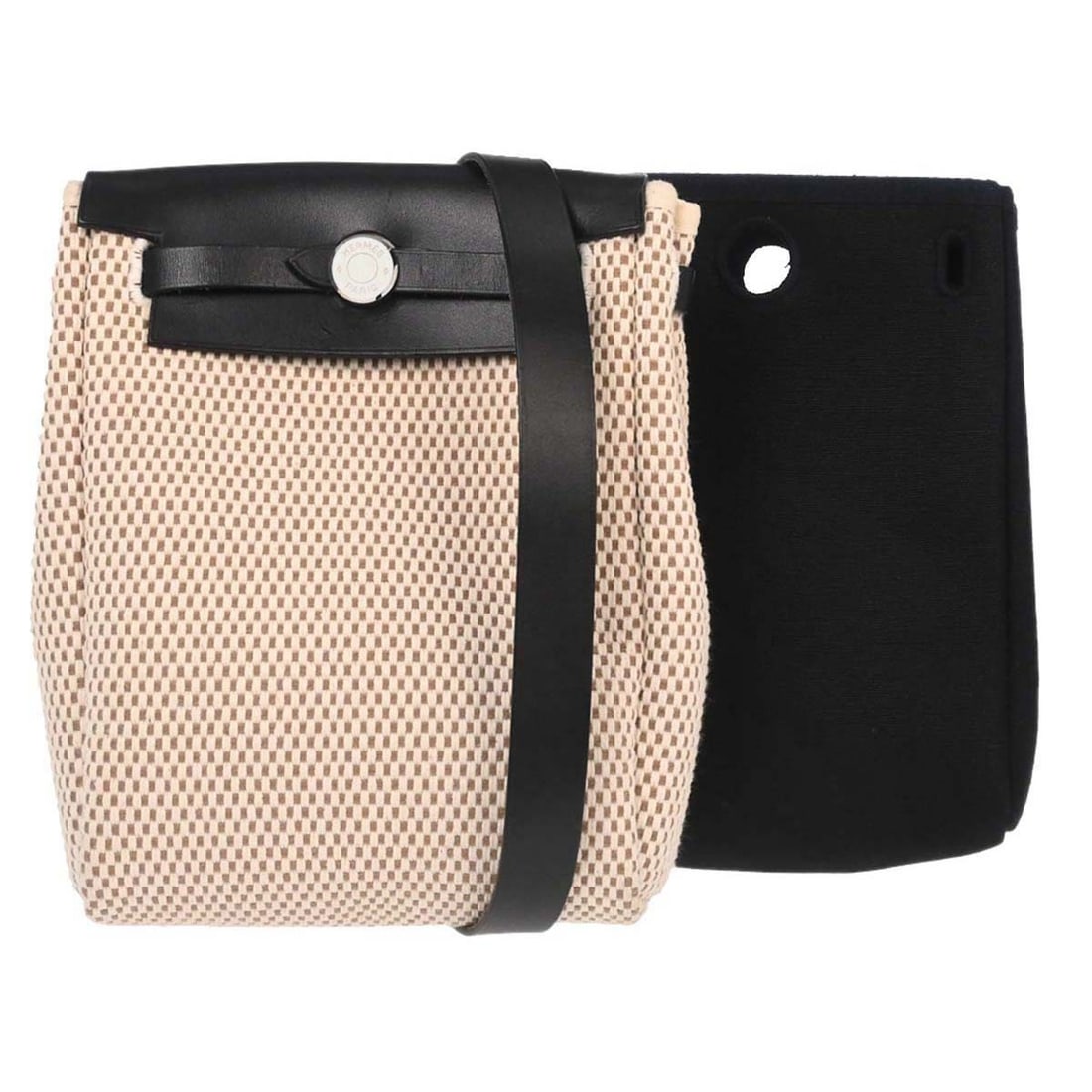 Hermes Herbag TPM Black Canvas Leather Shoulder Bag: Hermes Herbag TPM Black Canvas Leather Shoulder Bag This Hermes Herbag TPM 2 in 1 shoulder bag features a black canvas and leather exterior, complemented by a casual flap closure. Designed for versati