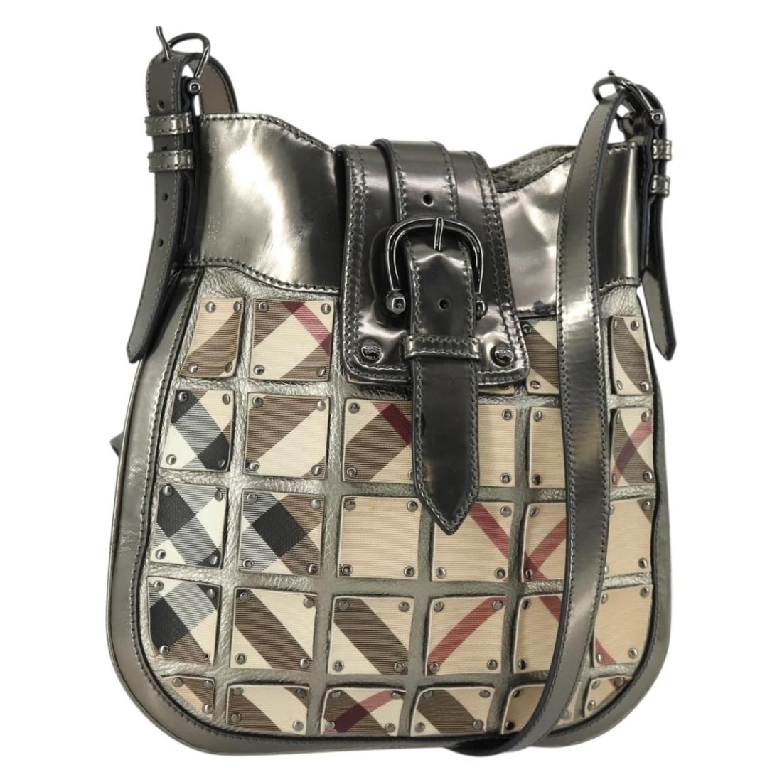 Beige and Silver Burberry Nova Check PVC Shoulder Bag Italy: Beige and Silver Burberry Nova Check PVC Shoulder Bag Italy This Burberry Nova Check shoulder bag features a classic beige and silver color scheme with a PVC leather exterior. Made in Italy, the bag h