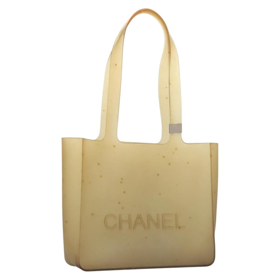 Clear Rubber Tote Purse by CHANEL with CC Logo: Clear Rubber Tote Purse by CHANEL with CC Logo This CHANEL tote bag features a clear rubber exterior with the iconic CC logo, offering a distinctive and modern style. Designed for women, the bag has a