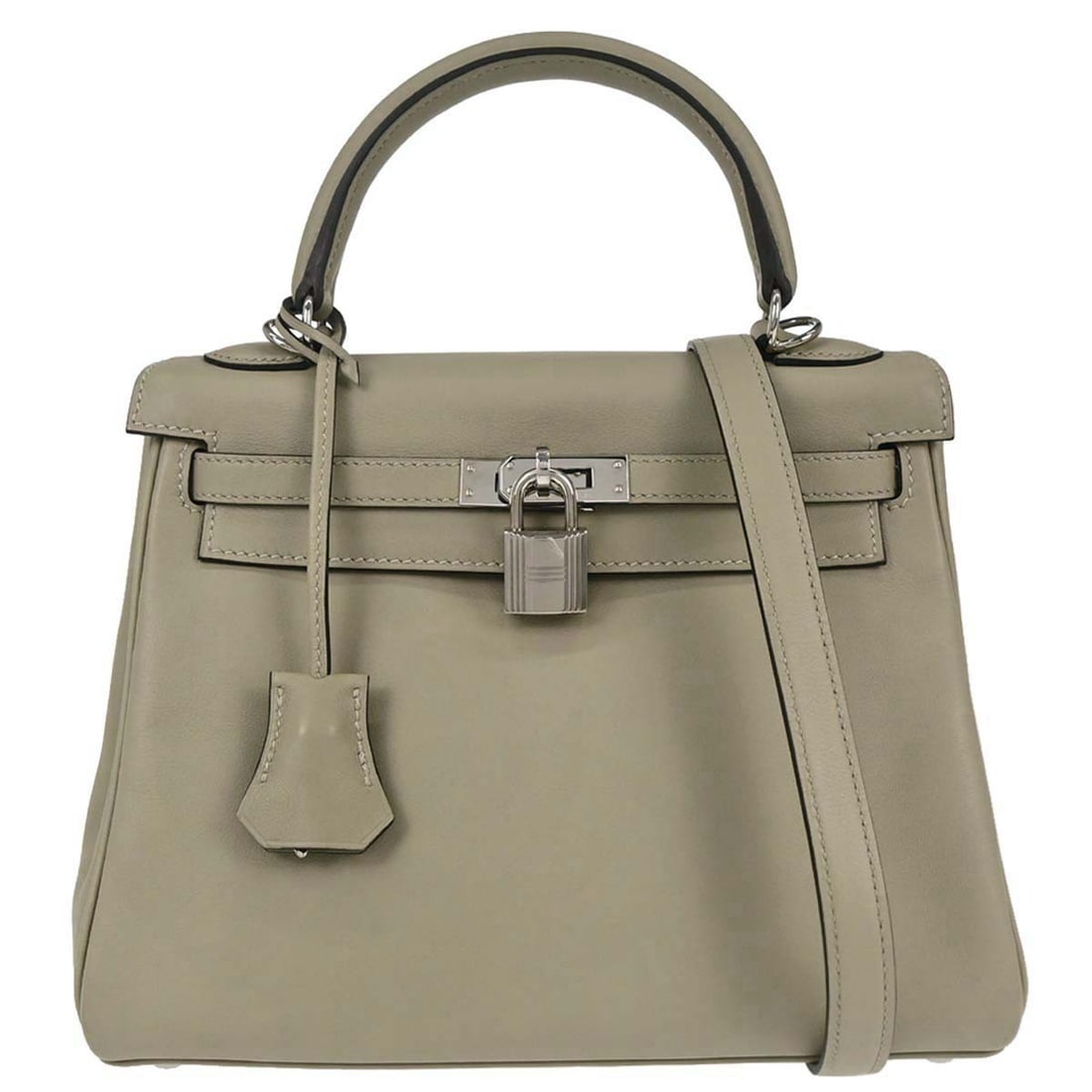 Hermes Kelly 25 Sauge Leather Top Handle Bag: Hermes Kelly 25 Sauge Leather Top Handle Bag This Hermes Kelly 25 Retourne 2-way handbag is crafted from leather in the elegant Sauge color. It features a top handle and a detachable shoulder strap, o