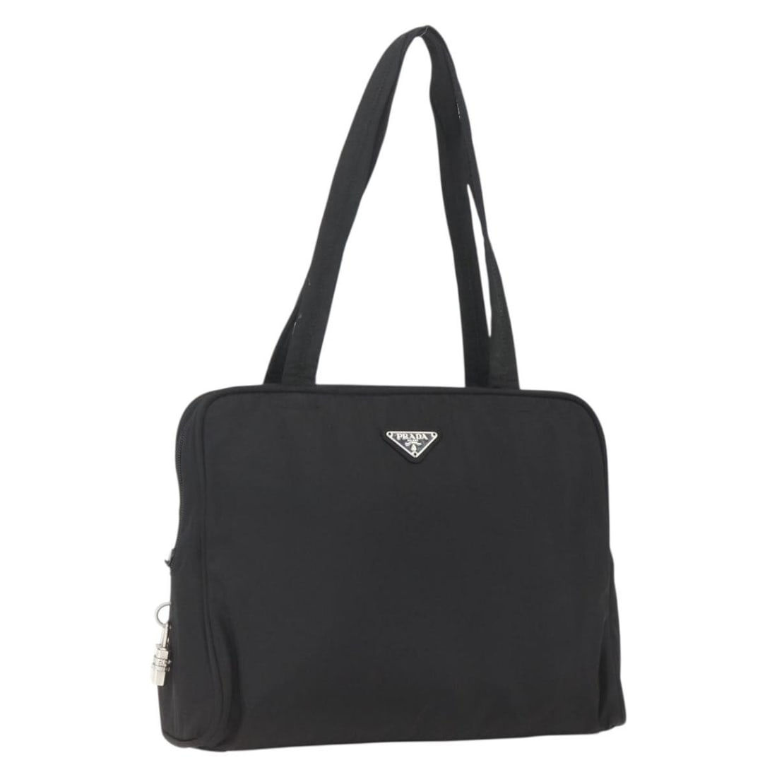 Prada Nylon Black Handbag with Padlock Italy: Prada Nylon Black Handbag with Padlock Italy This PRADA hand bag is crafted from black nylon and features a classic, versatile design. Made in Italy, it offers practical dimensions and a comfortable h