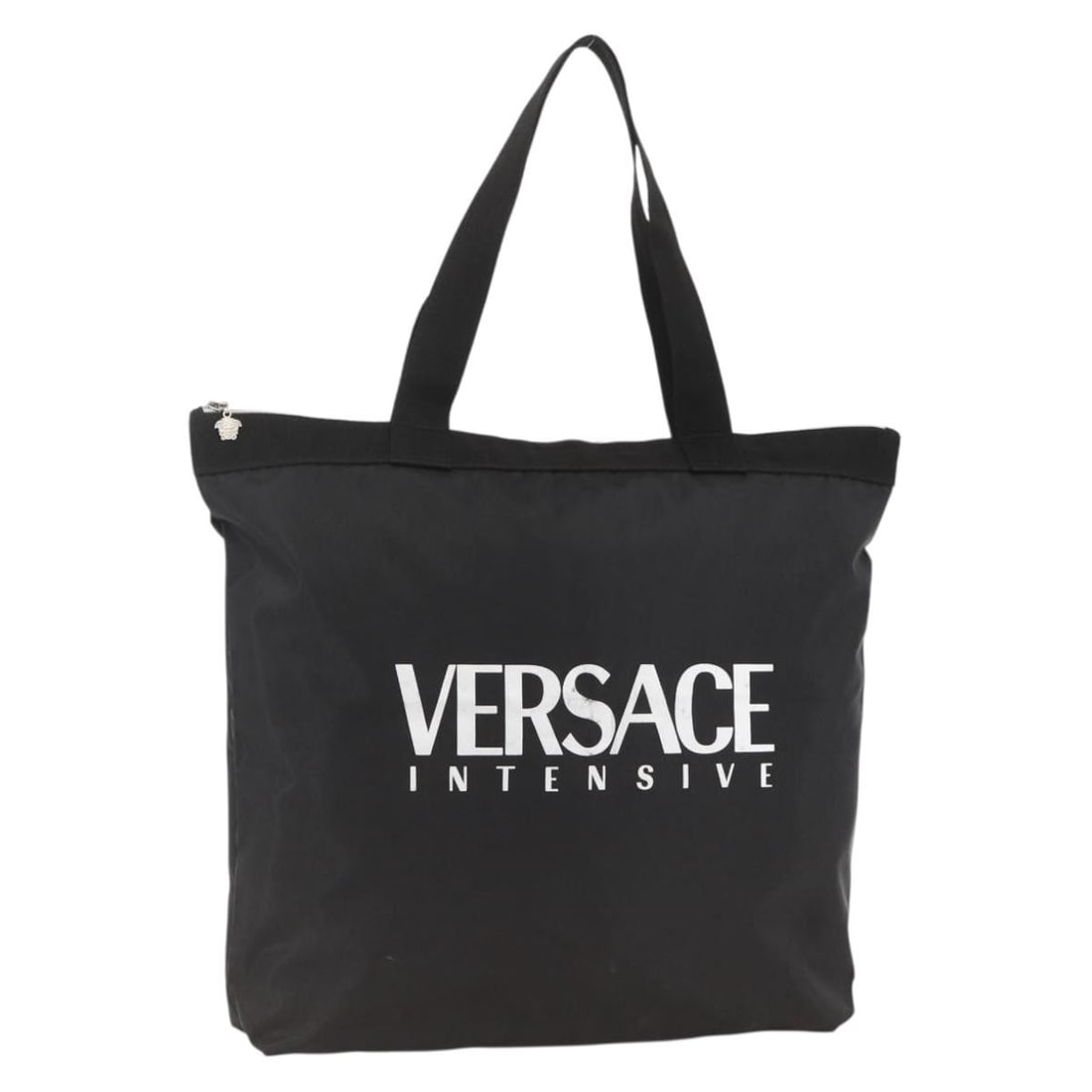 Versace Black Nylon Tote with Silver Accents Made in Italy: Versace Black Nylon Tote with Silver Accents Made in Italy This VERSACE tote bag for women features a black and silver nylon exterior and is made in Italy. It offers a spacious design with sturdy hand