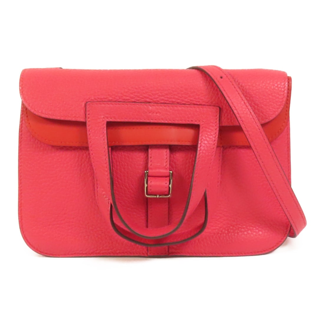 HERMES Halzan 25 2 Way Shoulder Bag Pink Clemence Leather: HERMES Halzan 25 2 Way Shoulder Bag Pink Clemence Leather Introducing the exquisite HERMES Halzan 25 2 Way Shoulder Bag, crafted from luxurious calfskin leather in a stunning Rose Extreme hue. This ve