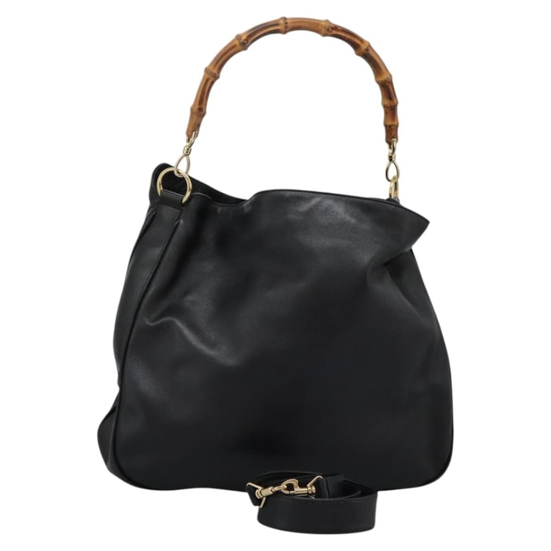 Gucci Black Leather Bamboo Top Handle Bag with Gold Hardware and Shoulder Strap: Gucci Black Leather Bamboo Top Handle Bag with Gold Hardware and Shoulder Strap This GUCCI Bamboo 2-way hand bag features black leather with gold-tone accents and a signature bamboo handle. Designed f