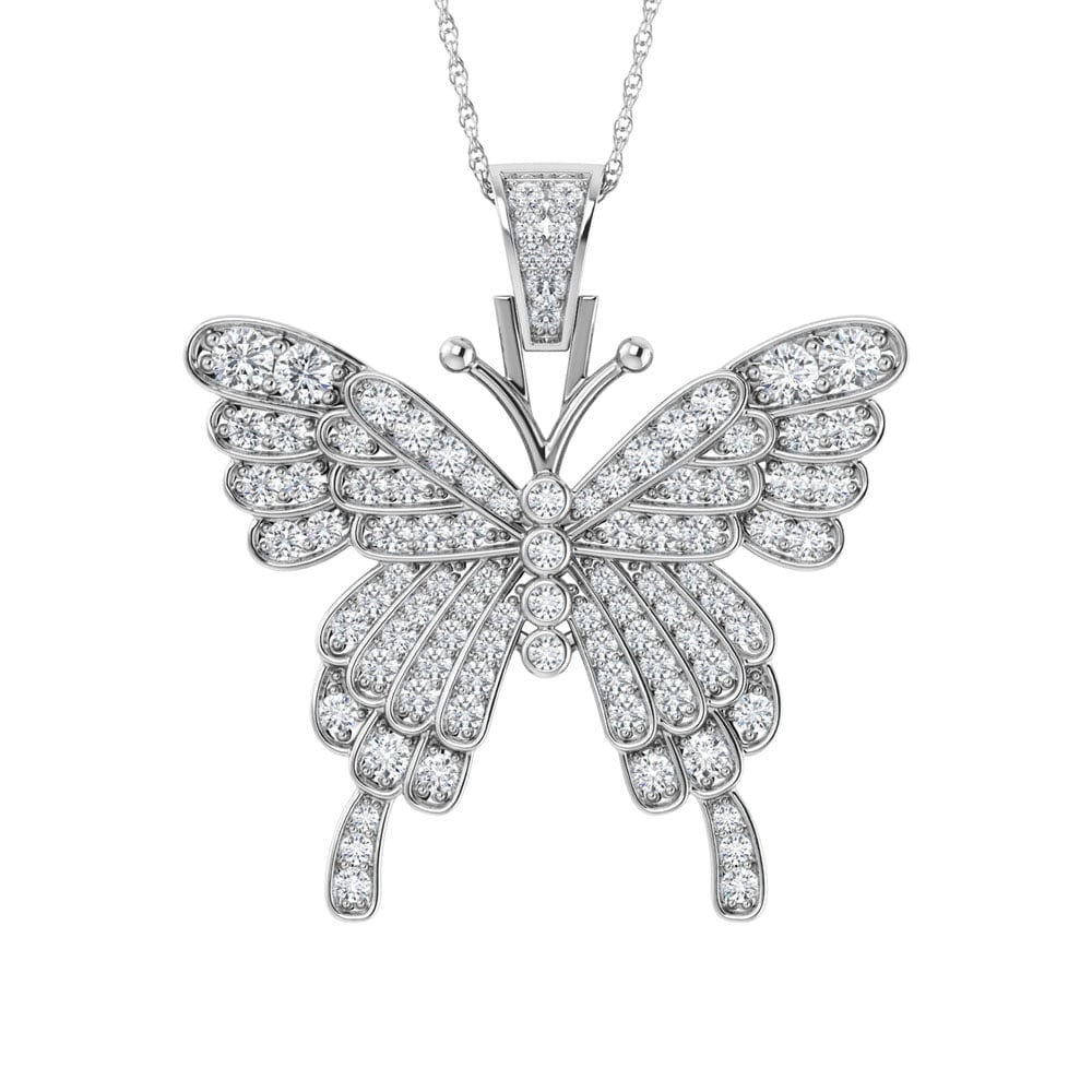 Diamond 1 Ct.Tw. Butterfly Pendant in 10K White Gold: Diamond 1 Ct.Tw. Butterfly Pendant in 10K White Gold 10k White Gold Stone Color: G-h Stone Clarity: I3 Unless otherwise specified, pendants that include a chain are paired with our standard 18-inch le