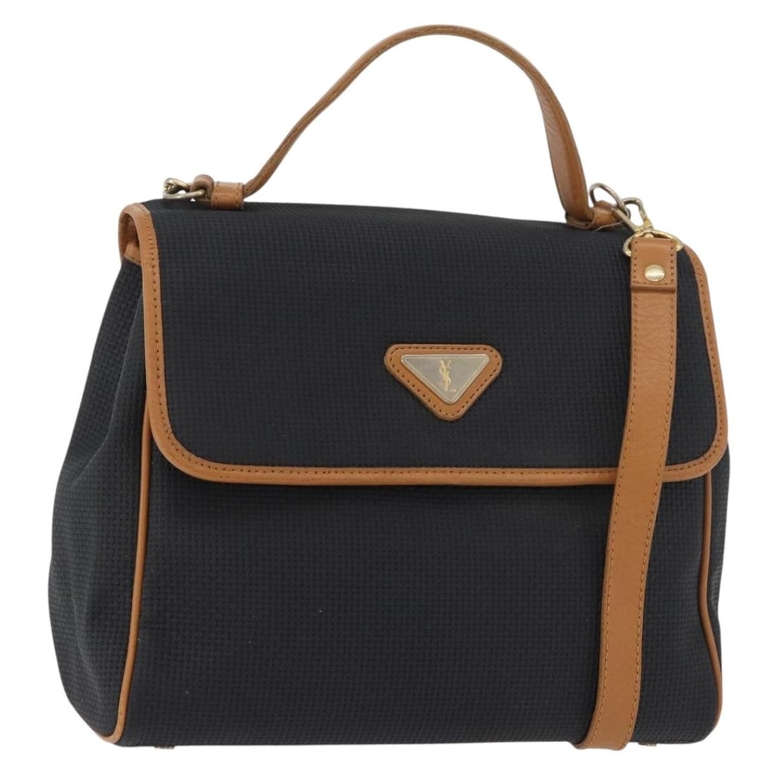 Saint Laurent black gold coated canvas shoulder bag with strap: Saint Laurent black gold coated canvas shoulder bag with strap This Saint Laurent handbag is crafted from coated canvas in a black and gold color scheme. Designed for versatility, it features both top