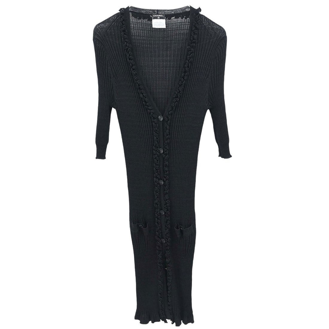 CHANEL Black Knit Button Front Long Sleeve Cardigan Size 42: CHANEL Black Knit Button Front Long Sleeve Cardigan Size 42 This Chanel long cardigan features a classic black knit design crafted from a blend of cotton and nylon. Designed with long sleeves and butt