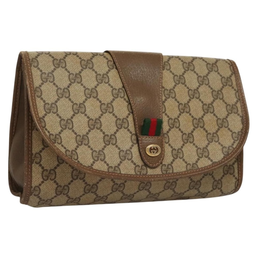 Gucci Sherry Line GG Supreme Beige Gold PVC Clutch: Gucci Sherry Line GG Supreme Beige Gold PVC Clutch This Gucci GG Supreme Web Sherry Line clutch bag is crafted from beige and gold PVC leather with GG canvas accents. Made in Italy, the bag features a