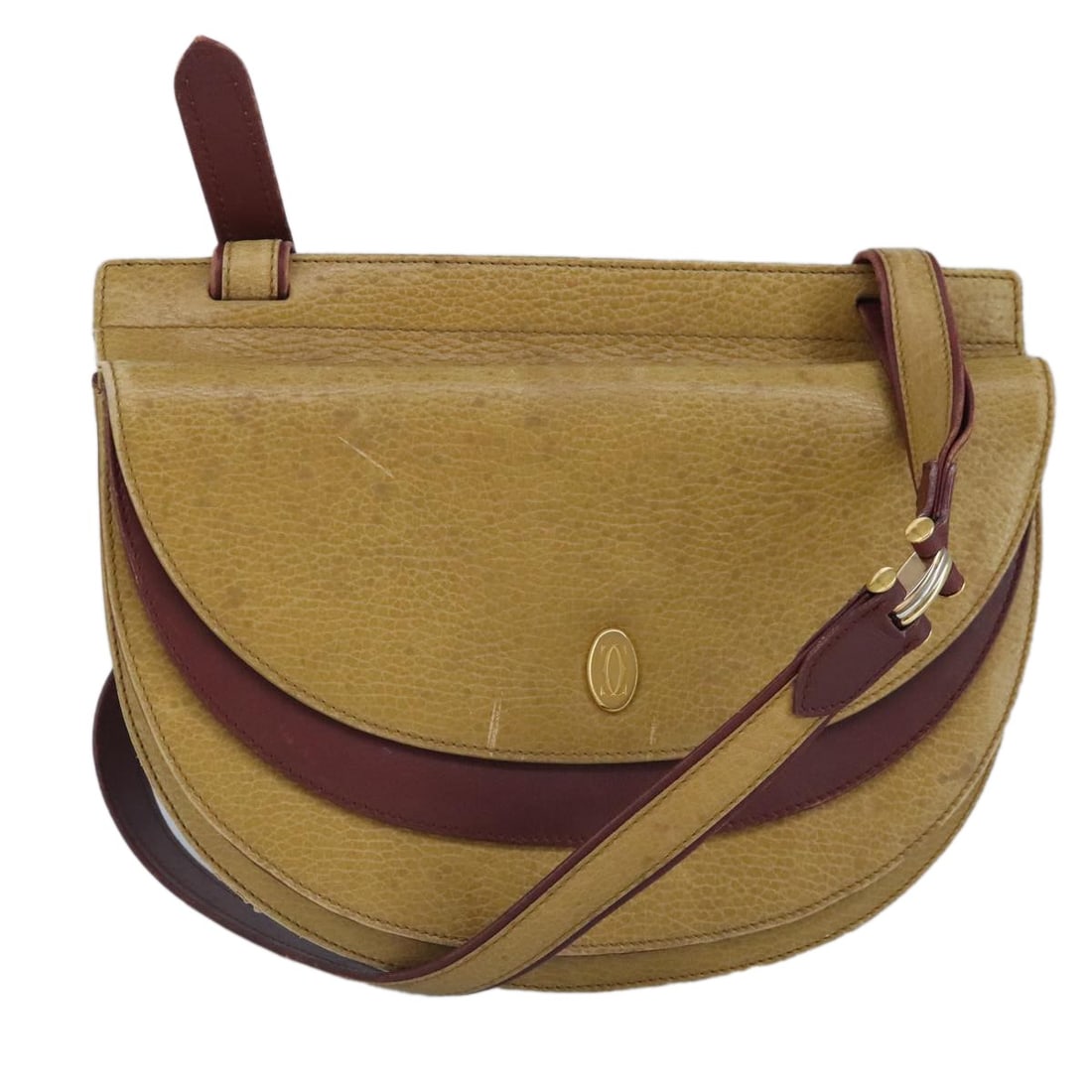 Cartier beige wine red leather shoulder bag: Cartier beige wine red leather shoulder bag This CARTIER shoulder bag features a classic design crafted from leather in beige and wine red tones. The bag is designed for women and offers a practical s