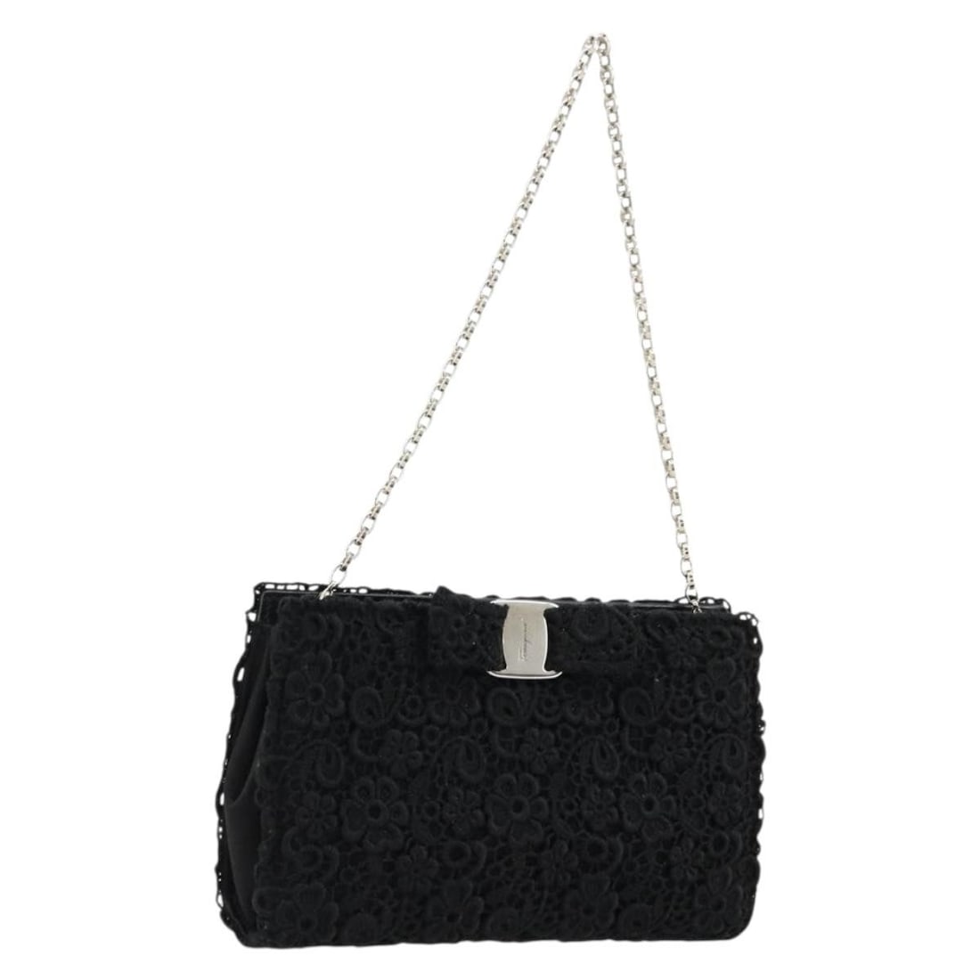 Salvatore Ferragamo Vara Canvas Black Silver Handbag: Salvatore Ferragamo Vara Canvas Black Silver Handbag This Salvatore Ferragamo Vara ribbon chain handbag is crafted from black and silver canvas and features a compact, elegant design. Made in Italy, i