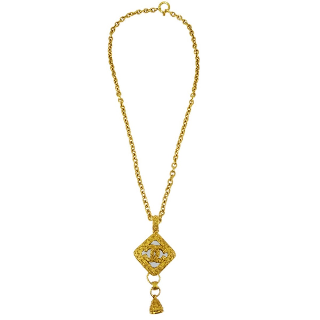 Chanel 94A Gold Plated Chain Pendant Necklace: Chanel 94A Gold Plated Chain Pendant Necklace This exquisite Chanel Bell Mirror Chain Pendant Necklace features a stunning gold-plated finish that exudes elegance. The pendant is designed in a classic