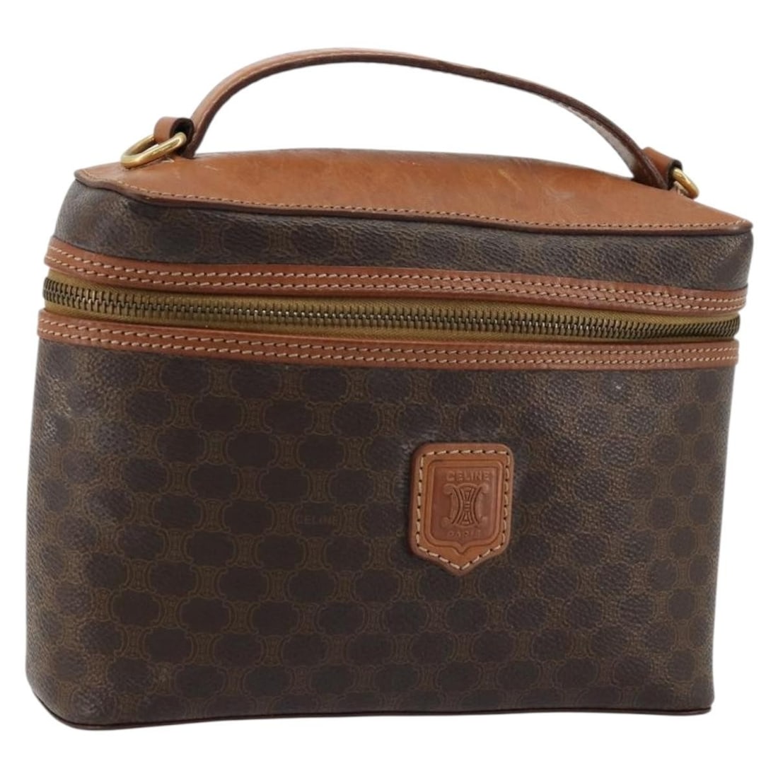 Celine Macadam Canvas Brown Gold Vanity Handbag: Celine Macadam Canvas Brown Gold Vanity Handbag This CELINE Macadam Canvas vanity hand bag features a brown and gold PVC leather exterior with the brand's signature pattern. Designed for women, the ba