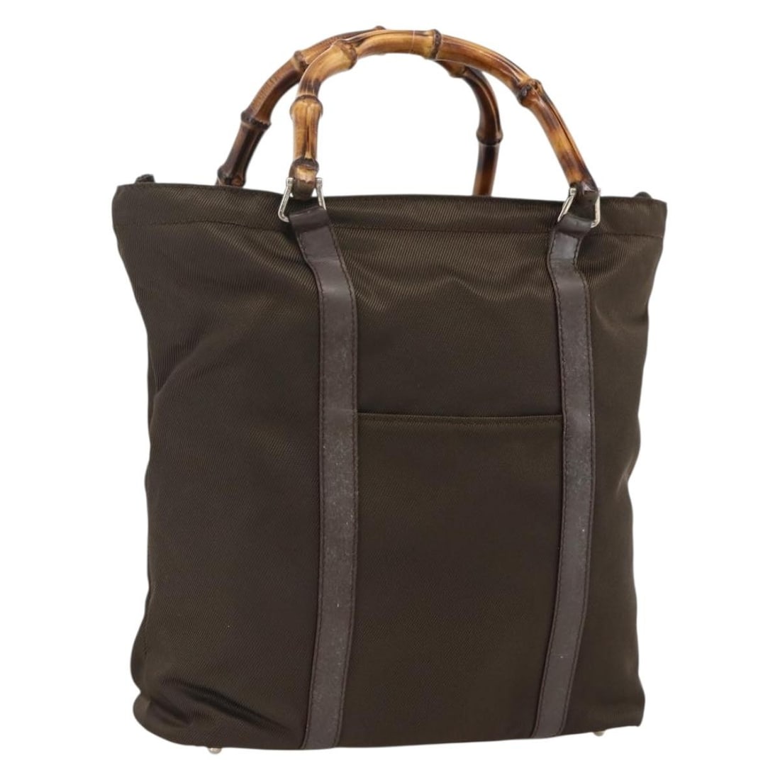 Gucci Bamboo Khaki Nylon Handbag with Silver Accents Model 000 1998 0508: Gucci Bamboo Khaki Nylon Handbag with Silver Accents Model 000 1998 0508 This GUCCI Bamboo handbag is crafted from khaki nylon with silver-tone accents. Designed for women, it features a bamboo handle