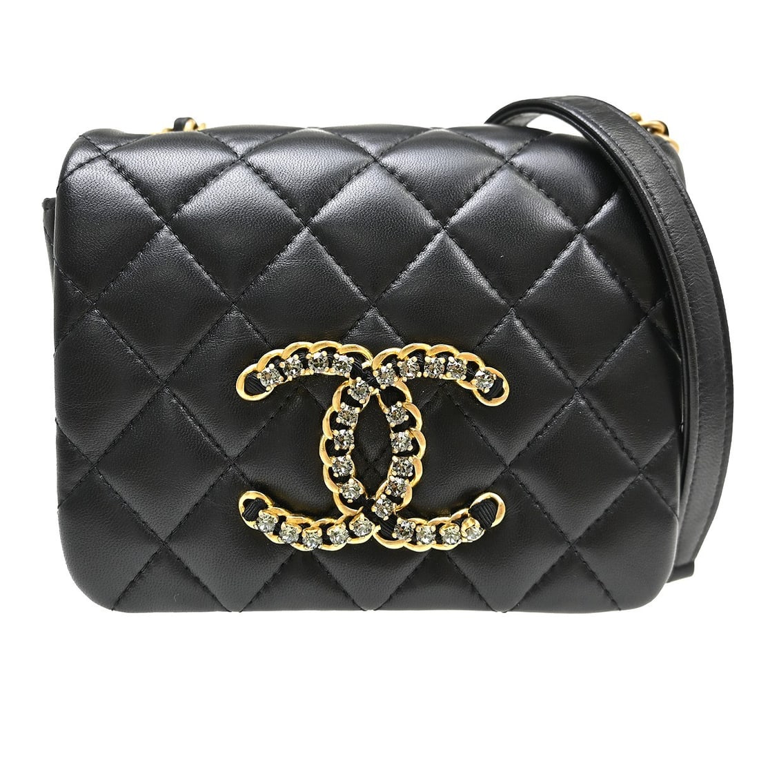Chanel Matelasse Lambskin Chain Strap Shoulder Bag Black: Chanel Matelasse Lambskin Chain Strap Shoulder Bag Black This Chanel shoulder bag features luxurious black lambskin leather with a quilted matelasse pattern and sparkling rhinestone accents. The compa