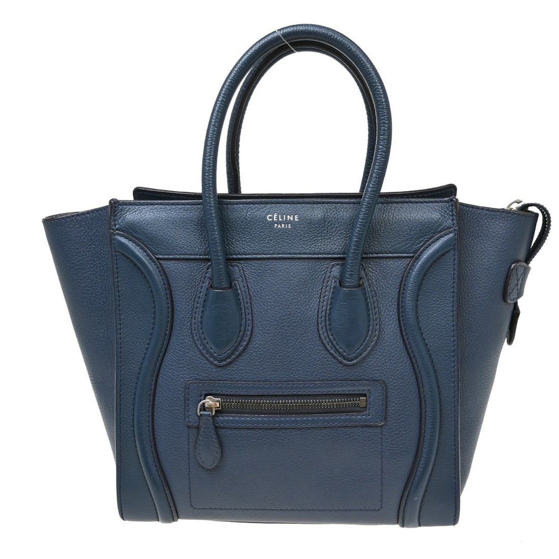 CELINE Mini Luggage Blue Leather Top Handle Bag: CELINE Mini Luggage Blue Leather Top Handle Bag This Celine Mini Luggage Tote Bag features a striking blue leather exterior, complemented by double handles and a secure zipper closure. The medium-size
